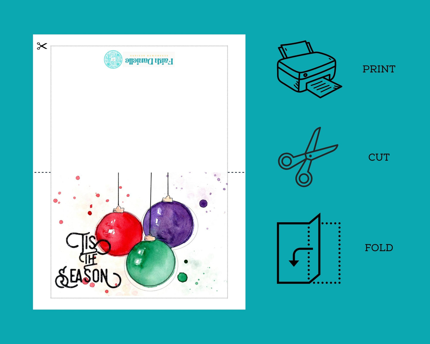 Printable Christmas Card | Watercolor Tis The Season | 5x7 Digital Download | Modern Winter Holiday Greeting Card