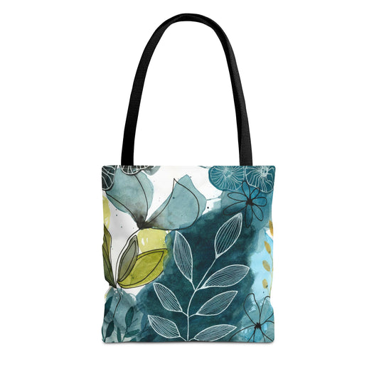 Abstract Blues Watercolor Tote Bag – Teal Floral All-Over Print