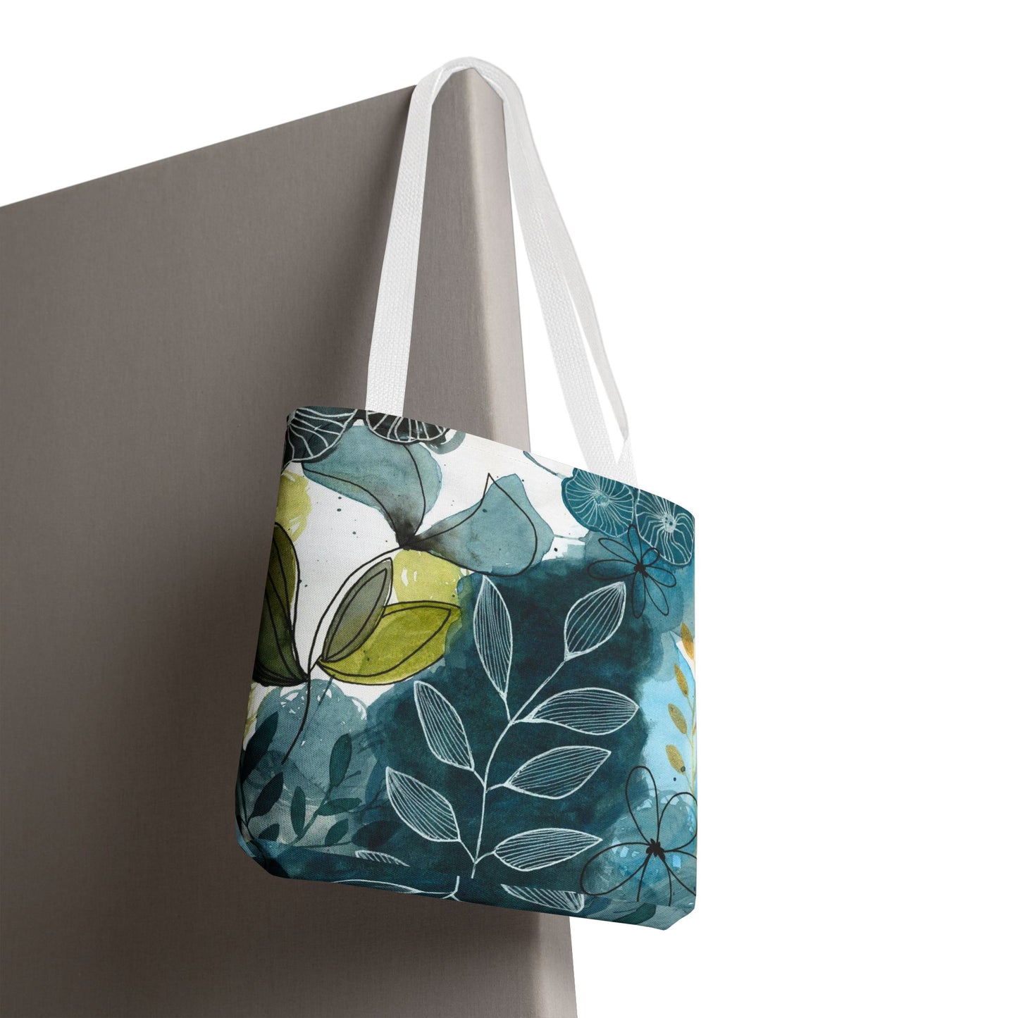 Abstract Blues Watercolor Tote Bag – Teal Floral All-Over Print
